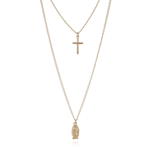 Cross Pendant Necklace with Virgin Mary Double Layer