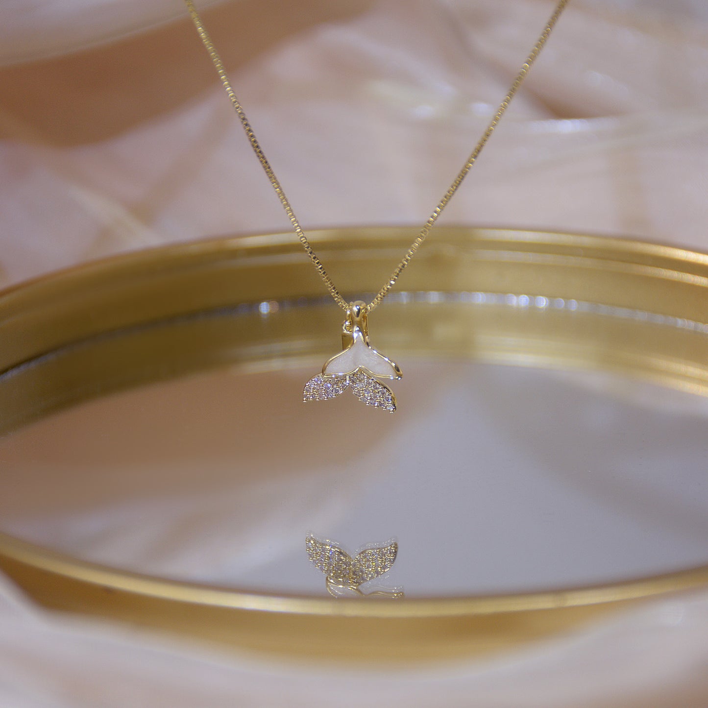14K Gold Short Fish Tail Design Necklace with Zirconia