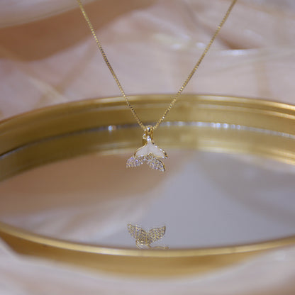 14K Gold Short Fish Tail Design Necklace with Zirconia
