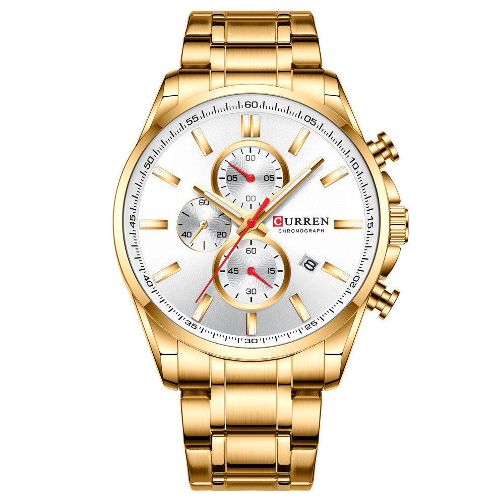 Men's Waterproof Quartz Watch with Calendar and Steel Band