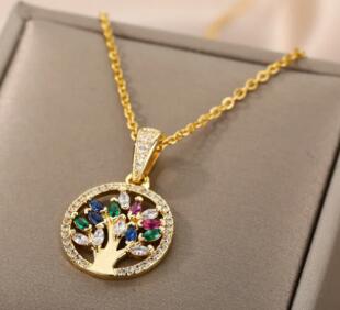 18K Gold Tree of Life Necklace with Zirconia Stones