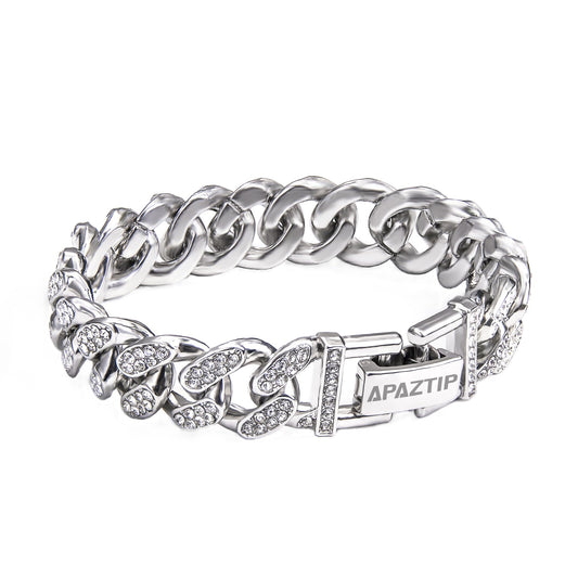 APaztip 12mm Stainless Steel Cuban Link Bracelet for Men Silver 8 Bracelet Iced Out Thick Chain for Women Bling Diamond Bracelet Cut Cuban Link Chains for Men Hip Hop Jewelry