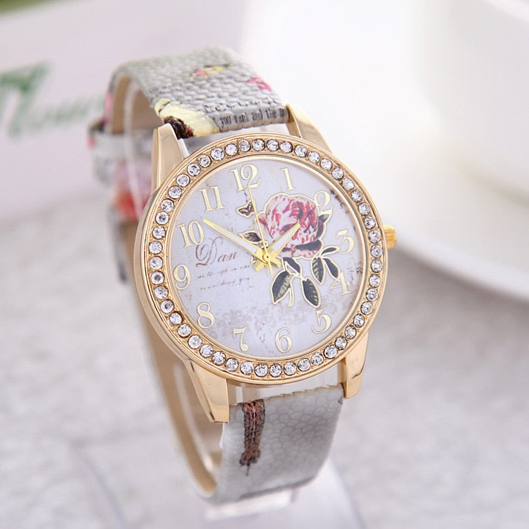 Chinese Floral Pattern Women's Quartz Watch with Leather Band