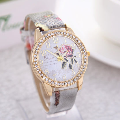 Chinese Floral Pattern Women's Quartz Watch with Leather Band