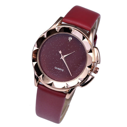 Starry Sky Quartz Watch with Diamond Accents and Leather Band
