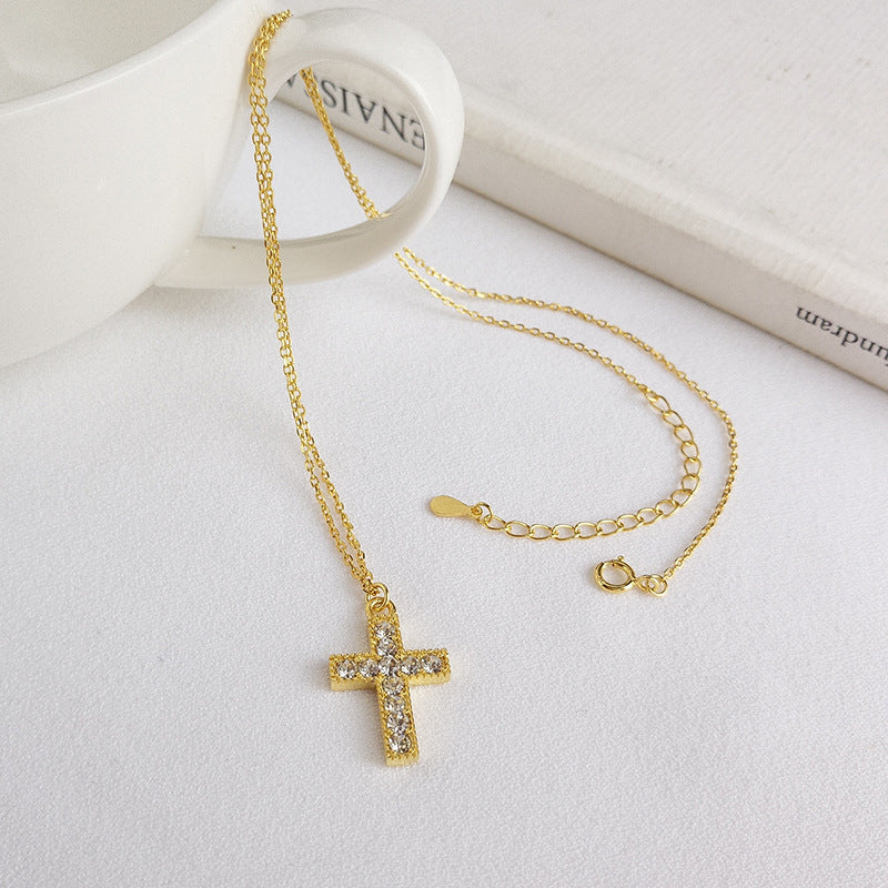 S925 Silver Cross Pendant Necklace with Diamonds