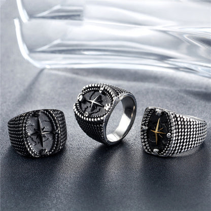 Men's Retro Titanium Steel Dot Cross Compass Ring