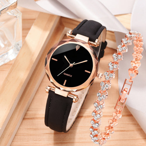 Fashionable Women's Casual Quartz Watch Set with Leather Band