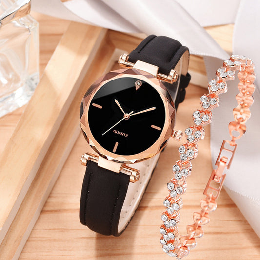 Fashionable Women's Casual Quartz Watch Set with Leather Band