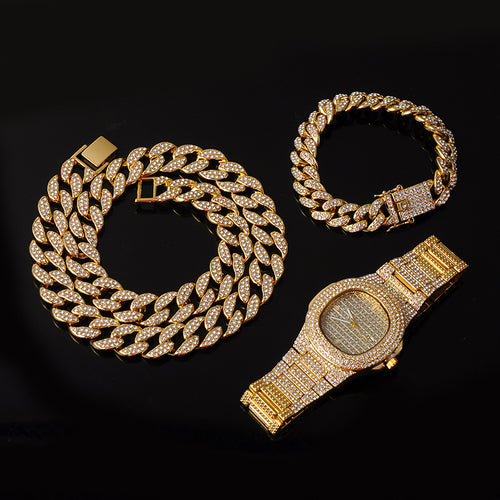 Hip Hop Men's Cuban Chain Necklace Bracelet Set