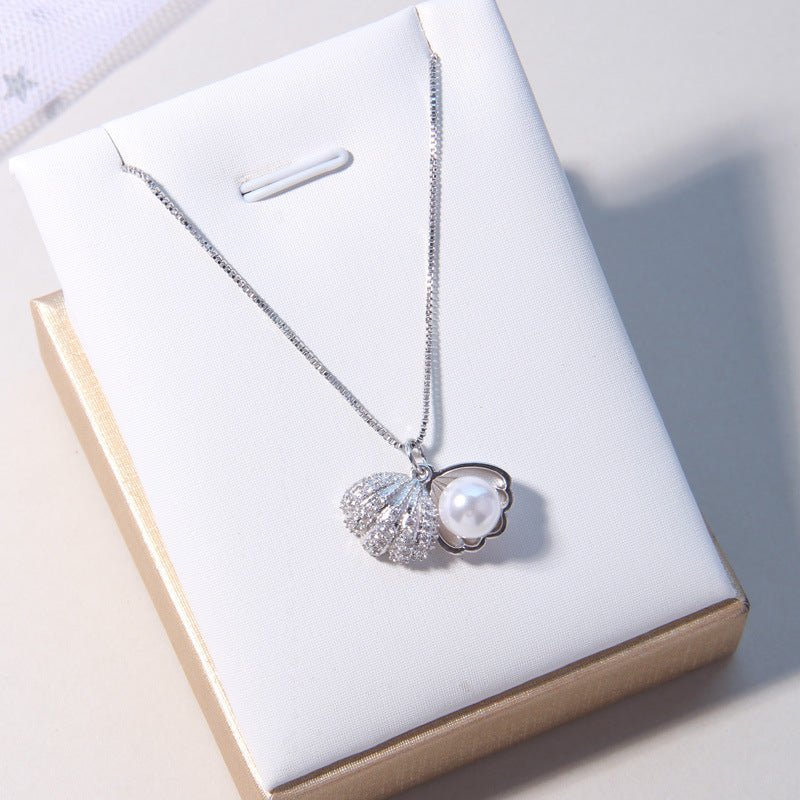 S925 Silver Necklace with Shell and Pearl Accents
