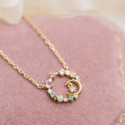 Cute Minimalist Star Moon Opal 925 Silver Gold Necklace