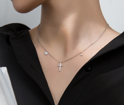 Ailuoqi S925 Silver Necklace with Heart and Cross Design