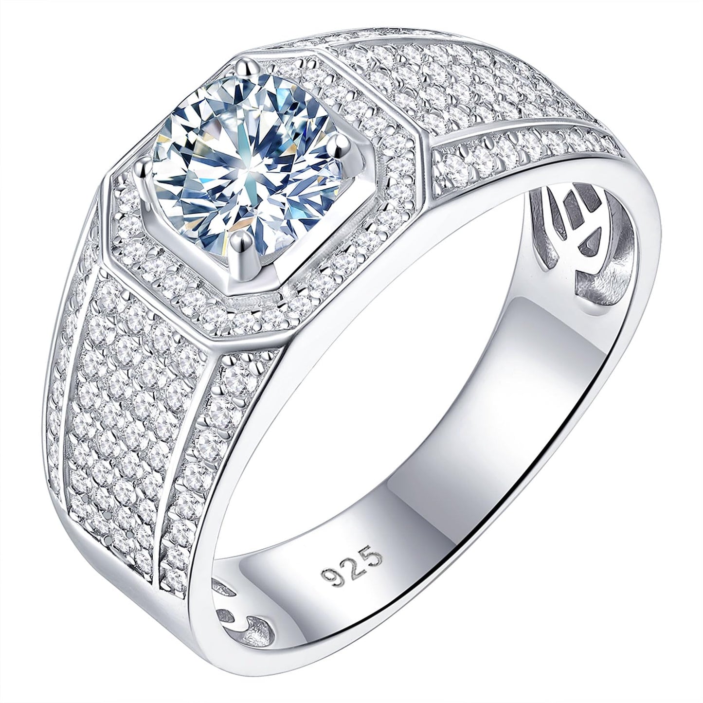 SweetJew Mens Moissanite Wedding Band Engagement Ring Solitaire Stone 925 Sterling Silver Ring 1.5cttw D Color VVS1 Clarity Brilliant Round Cut Size 9