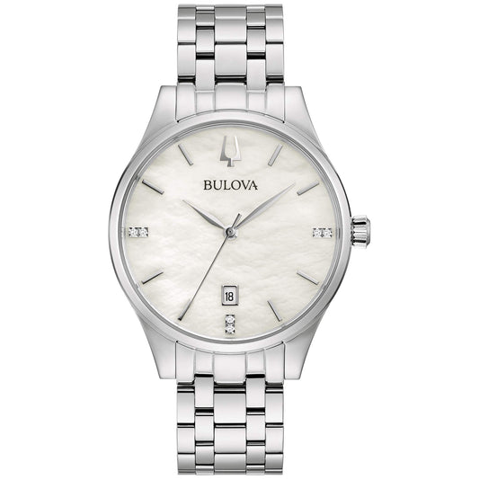 Bulova Ladies Classic Diamond Dial Stainless Steel 3-Hand Calendar Date Quartz Watch White Mother-of-Pearl Style: 96P220