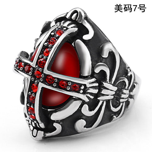 Gothic Style Men's Cross Ring with Red Gemstone