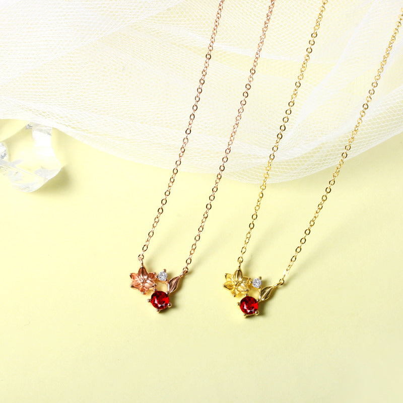 S925 Silver Garnet Flower Pendant Cherry Blossom Necklace