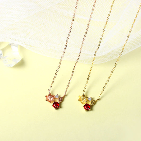 S925 Silver Garnet Flower Pendant Cherry Blossom Necklace