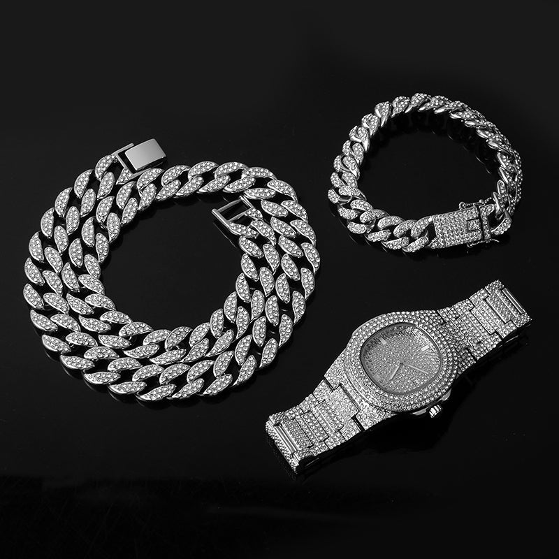 Hip Hop Men's Cuban Chain Necklace Bracelet Set