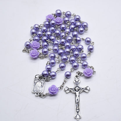 Cross-Border Pearl Rose Bead Necklace with Cross
