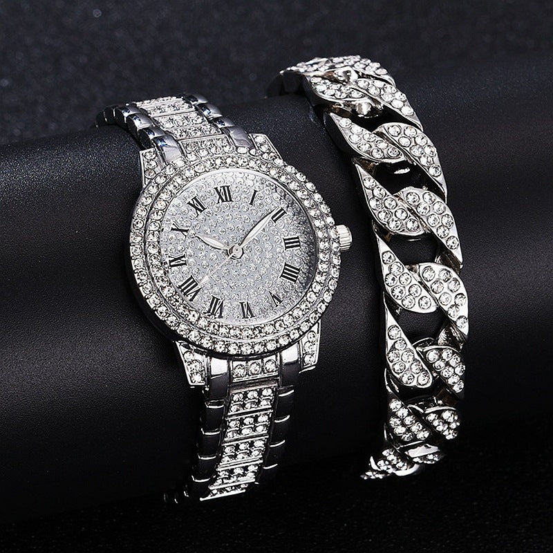 Luxury Roman Numeral Diamond Cuban Link Bracelet with Watch