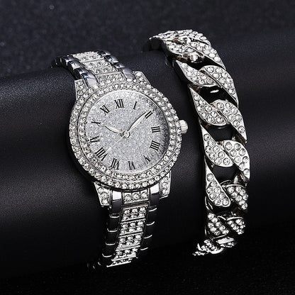 Luxury Roman Numeral Diamond Cuban Link Bracelet with Watch