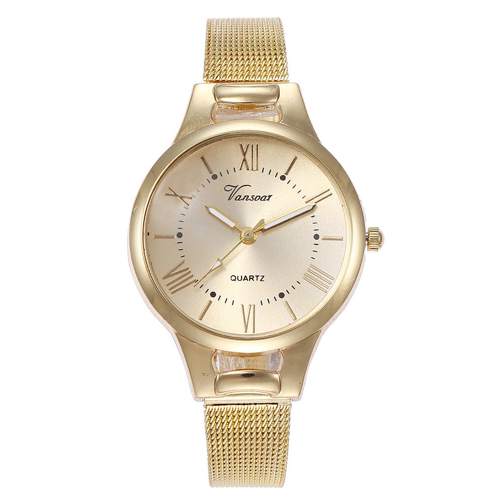 Minimalist Roman Numeral Quartz Watch with Alloy Mesh Strap