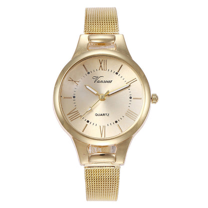 Minimalist Roman Numeral Quartz Watch with Alloy Mesh Strap