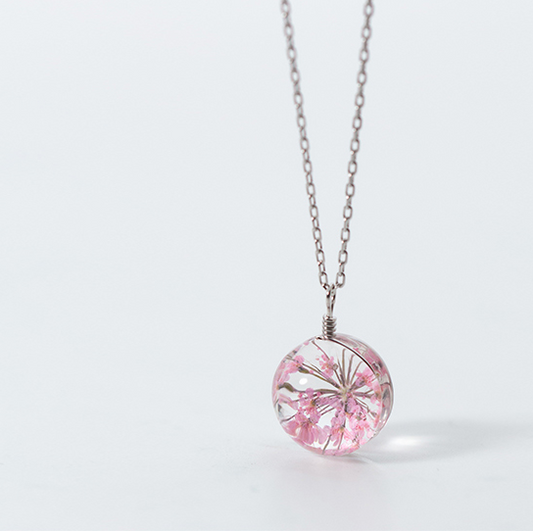 S925 Silver Flower Pendant Necklace with Dried Flowers