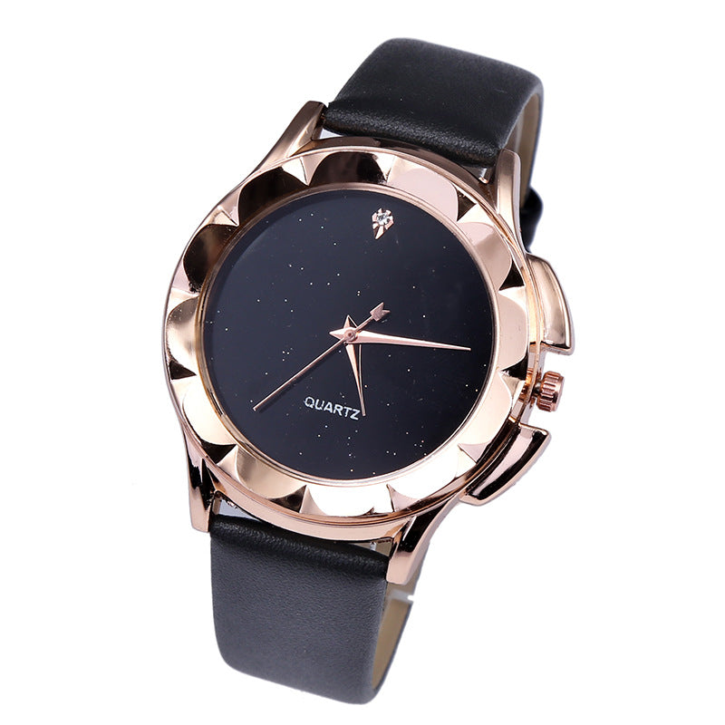 Starry Sky Quartz Watch with Diamond Accents and Leather Band
