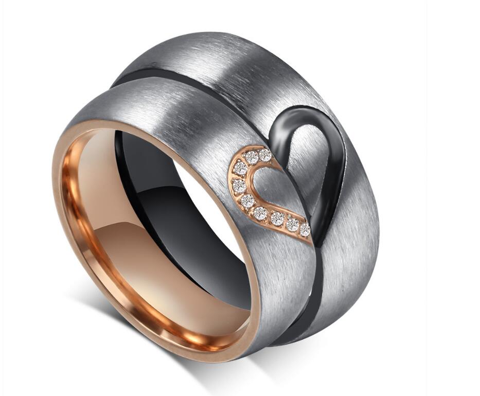 Couple Heart Rings with Diamond Inlay