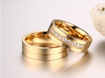 Titanium Steel Couple Rings with Diamond Inlay