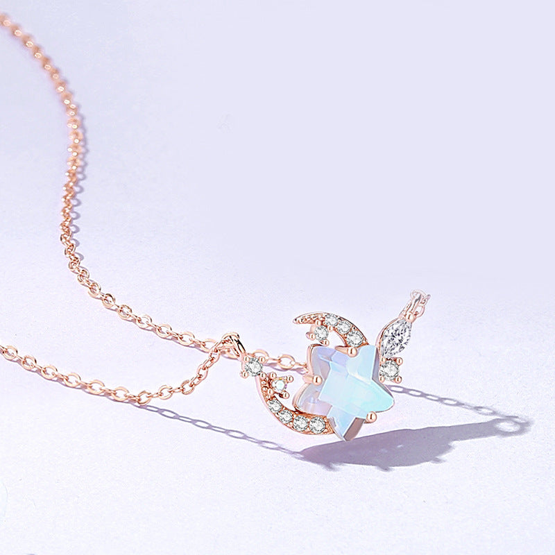 S925 Silver Moon and Flower Pendant Necklace