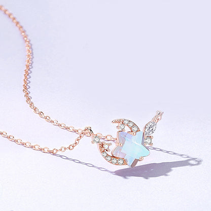 S925 Silver Moon and Flower Pendant Necklace
