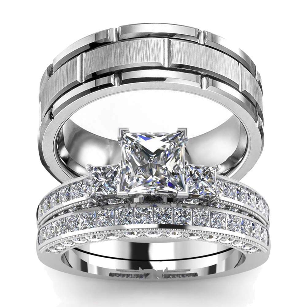 His Hers Wedding Ring Sets Couples Matching Rings Womens 10k White Gold Filled Square CZ Wedding Engagement Ring Bridal Sets & Mens Tungsten Carbide Wedding Band
