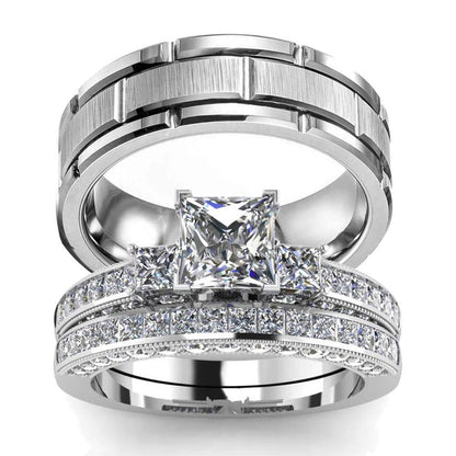 His Hers Wedding Ring Sets Couples Matching Rings Womens 10k White Gold Filled Square CZ Wedding Engagement Ring Bridal Sets & Mens Tungsten Carbide Wedding Band