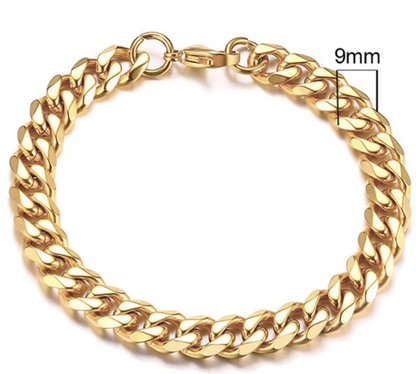 Stainless Steel Gold Plated Cuban Chain Bracelet for Men, Six-Sided 3-11mm