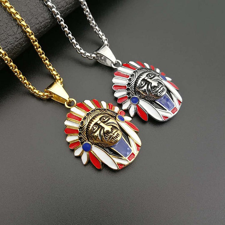 Gold-Plated Titanium Steel Indian Chief Pendant, Hip Hop
