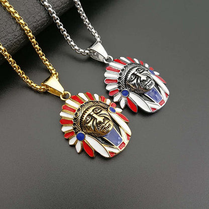 Gold-Plated Titanium Steel Indian Chief Pendant, Hip Hop
