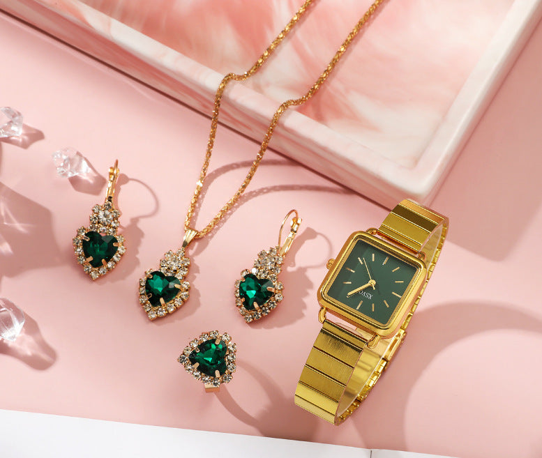 Women's Watch and Bracelet Set with Green Gemstone