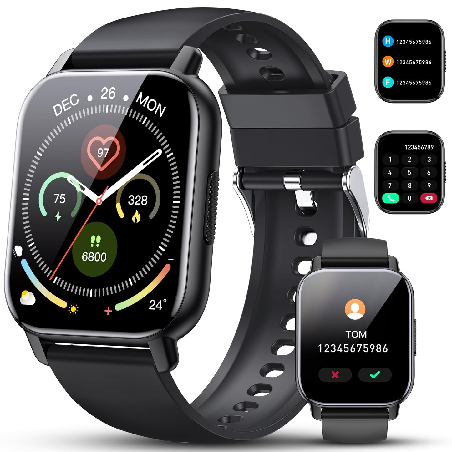 Smart Watch for Men Women 1.85” Smartwatch (Answer/Make Calls) 112 Sports Modes Fitness Watch IP68 Waterproof Watches Heart Rate/Sleep Monitor Pedometer Activity Tracker for Android iOS Black