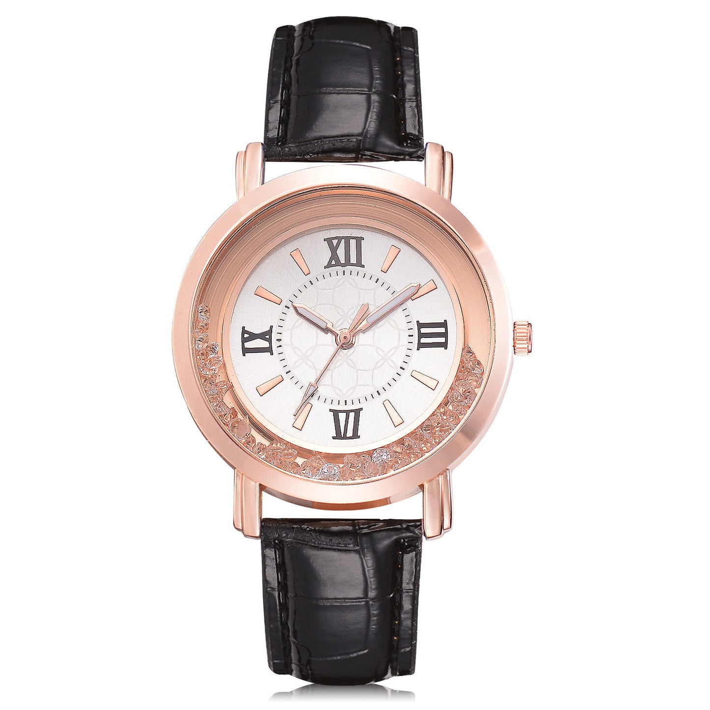 Women's Quartz Watch with Rhinestones and Leather Band