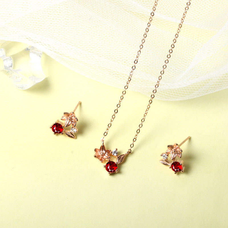 S925 Silver Garnet Flower Pendant Cherry Blossom Necklace