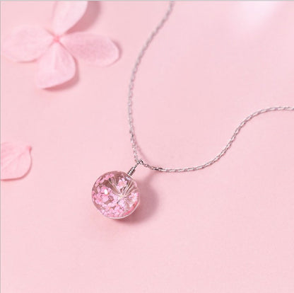 S925 Silver Flower Pendant Necklace with Dried Flowers