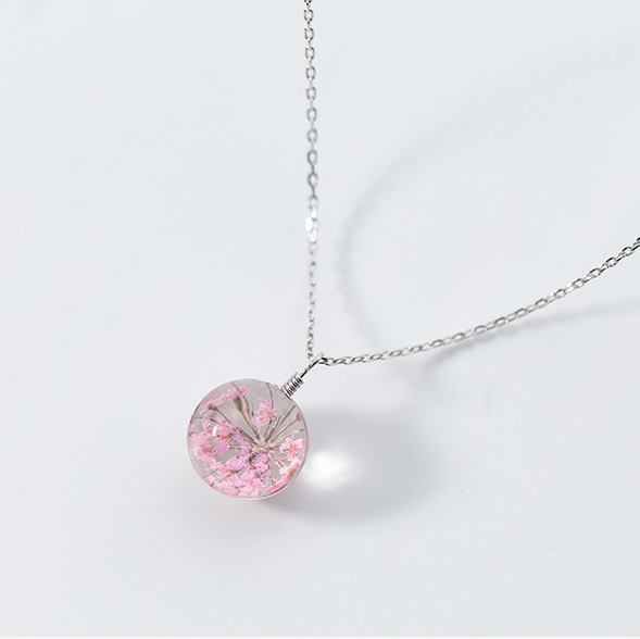 S925 Silver Flower Pendant Necklace with Dried Flowers