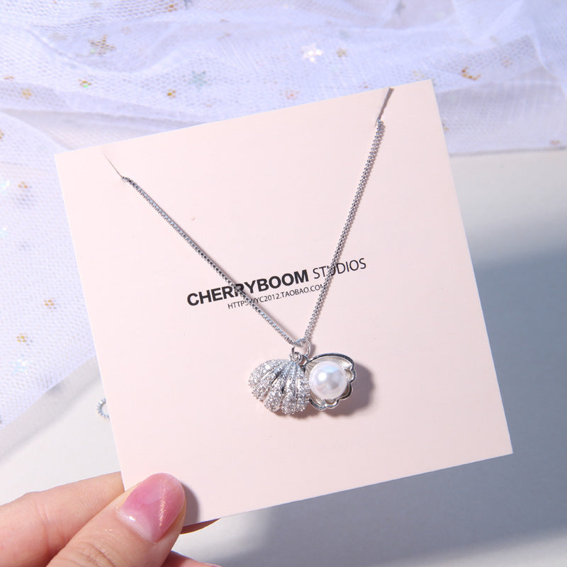S925 Silver Necklace with Shell and Pearl Accents