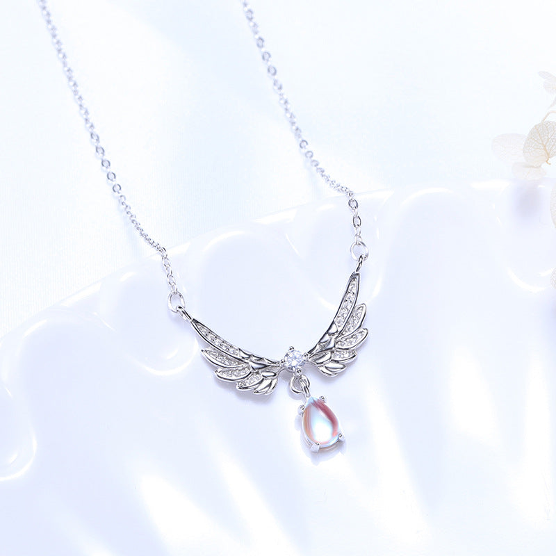 S925 Silver Angel Wing Necklace with Moonstone
