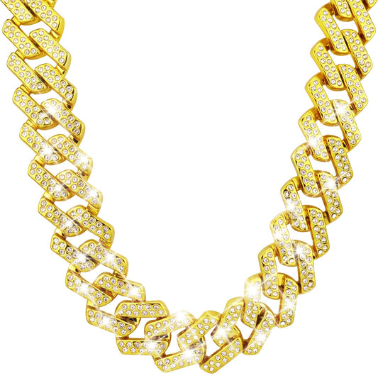 Riuziyi Plastic Shiny CZ Rhinestone Curb Cuban Link Chain Gold Silver Miami Hip Hop Chain Bling Diamond-Cut Chunky Turnover Necklace 80s 90s Costume Accessory for Men Women Unisex (Square-Gold)