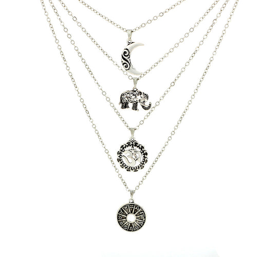 Vintage Bohemian Elephant Pendant Layered Choker Necklace