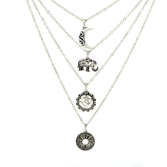 Vintage Bohemian Elephant Pendant Layered Choker Necklace